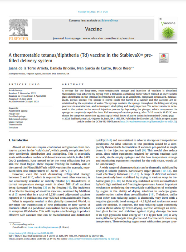 A thermostable tetanus/diphtheria (Td) vaccine in the StablevaX™ pre-filled delivery system